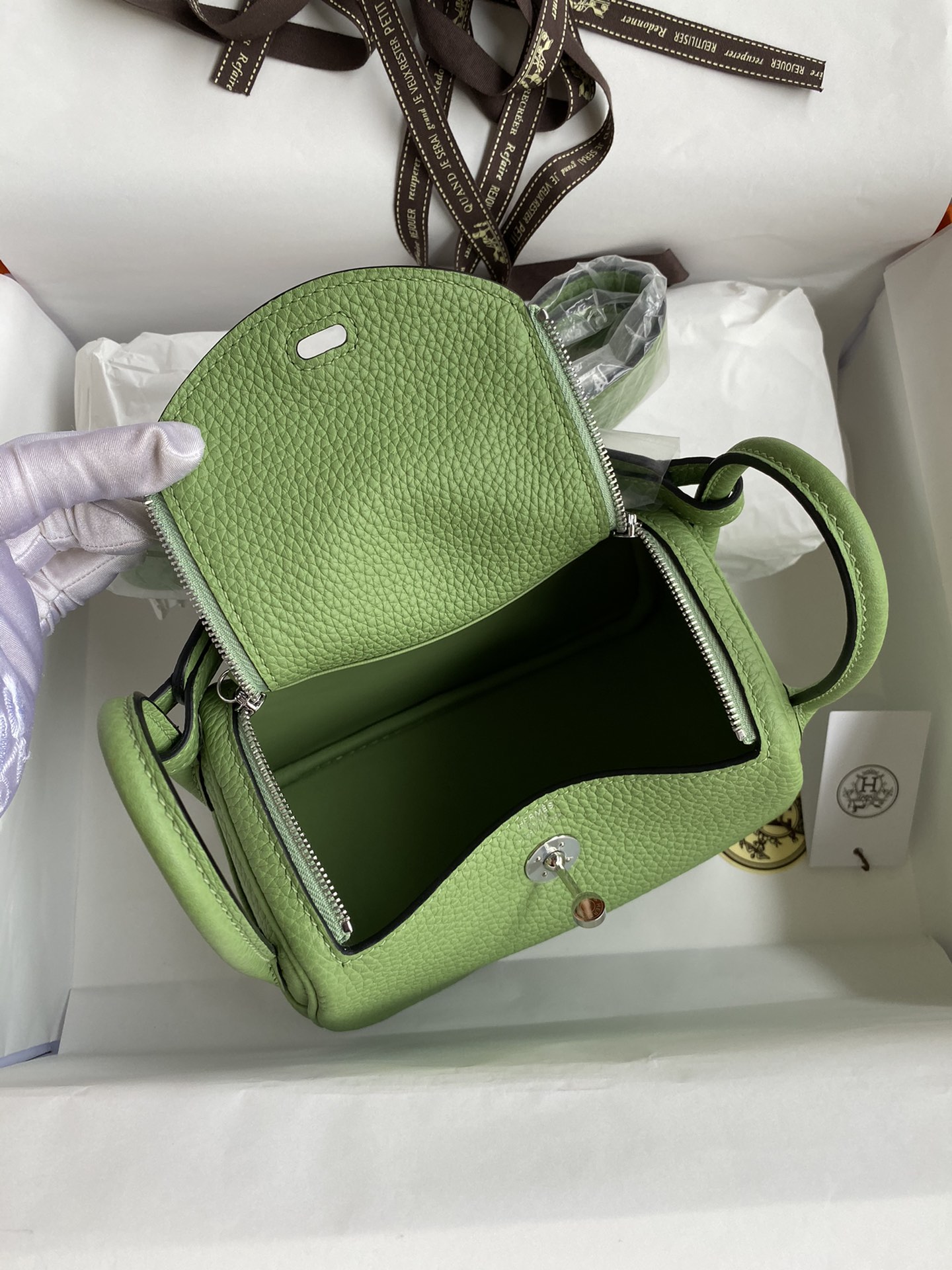 Hermes Mini Lindy 19cm Handbag Shoulder Bag In Green Kiwi Clemence Leather